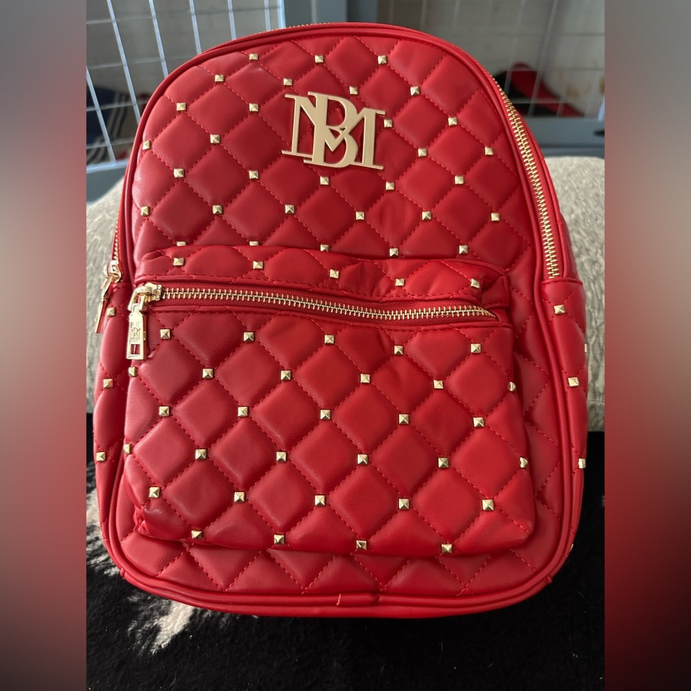 Badgley Mischka Red Quilted Backpack with Gold Details